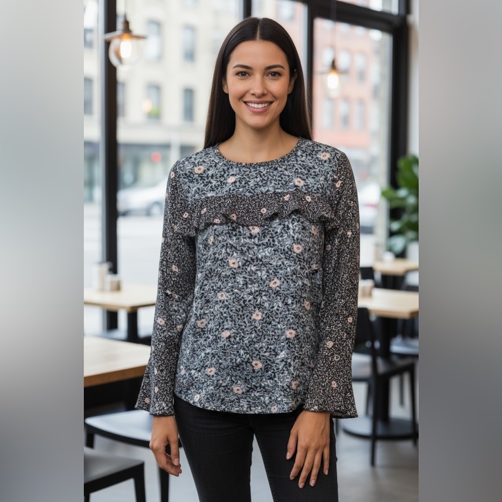 LOFT Black and Pink Floral Blouse